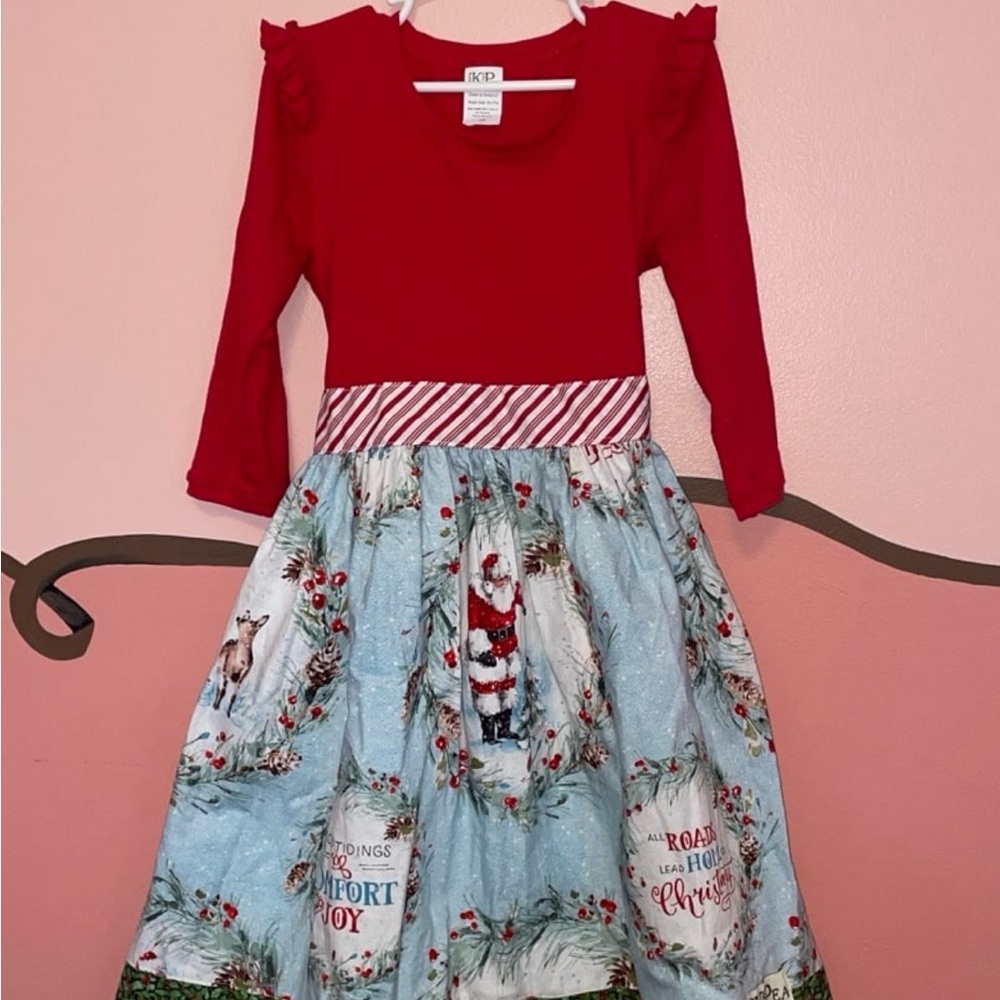 Red and Blue Ruffled Tiered Christmas season dress with Long Sleeves size 10